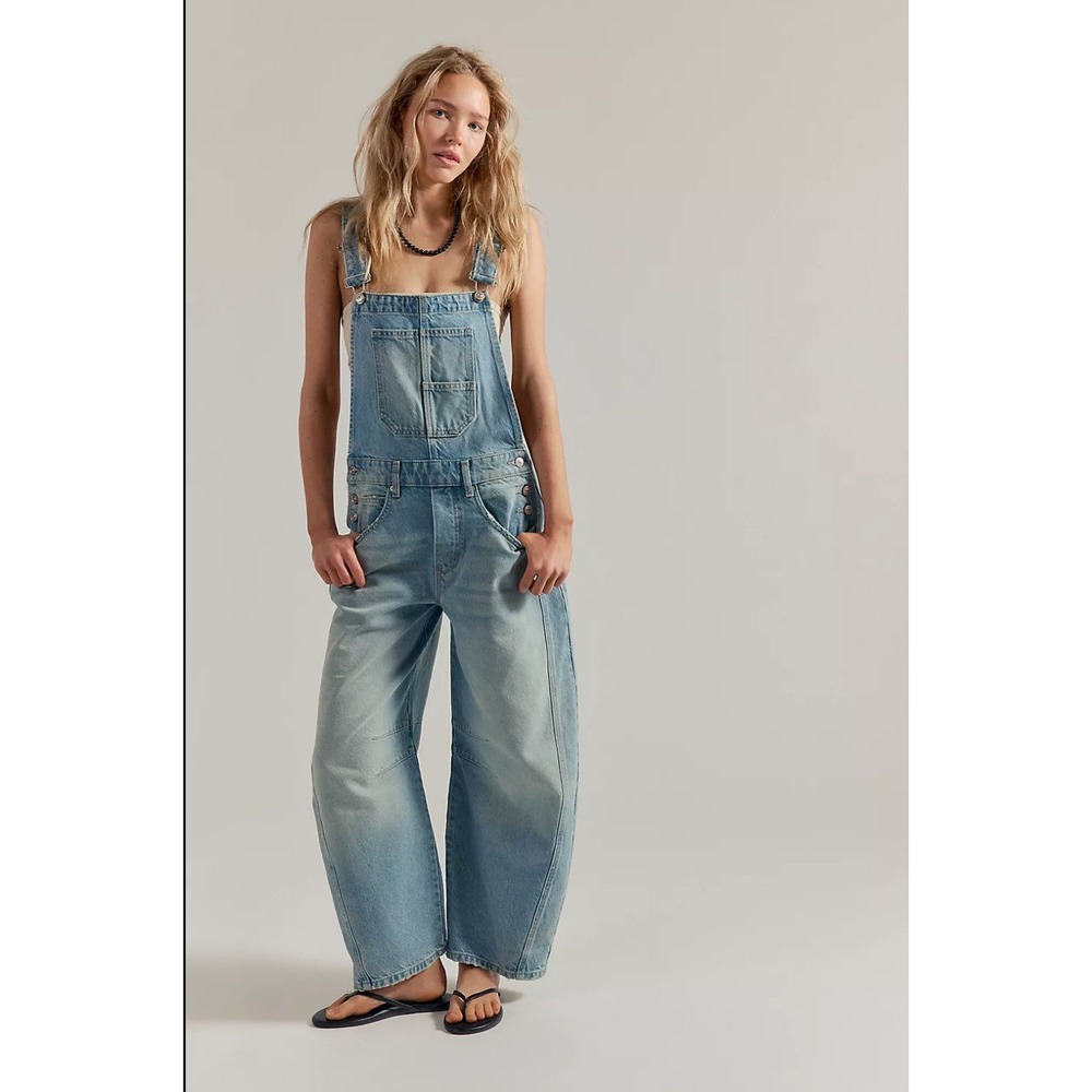 Free People We The Free Good Luck Barrel Overalls Kismet Blue Denim Small